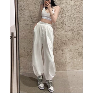爵士舞灯笼裤子女白色纯棉运动裤秋冬加绒宽松高腰jazz嘻哈卫裤潮