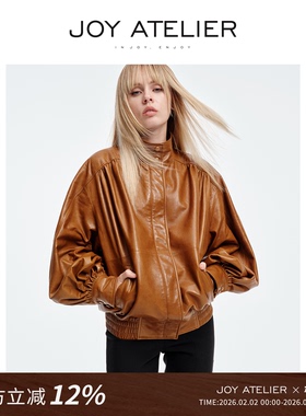 JOY5475蜜蜡 设计感褶皱大灯笼袖酷感绵羊皮夹克短款宽松皮衣外套