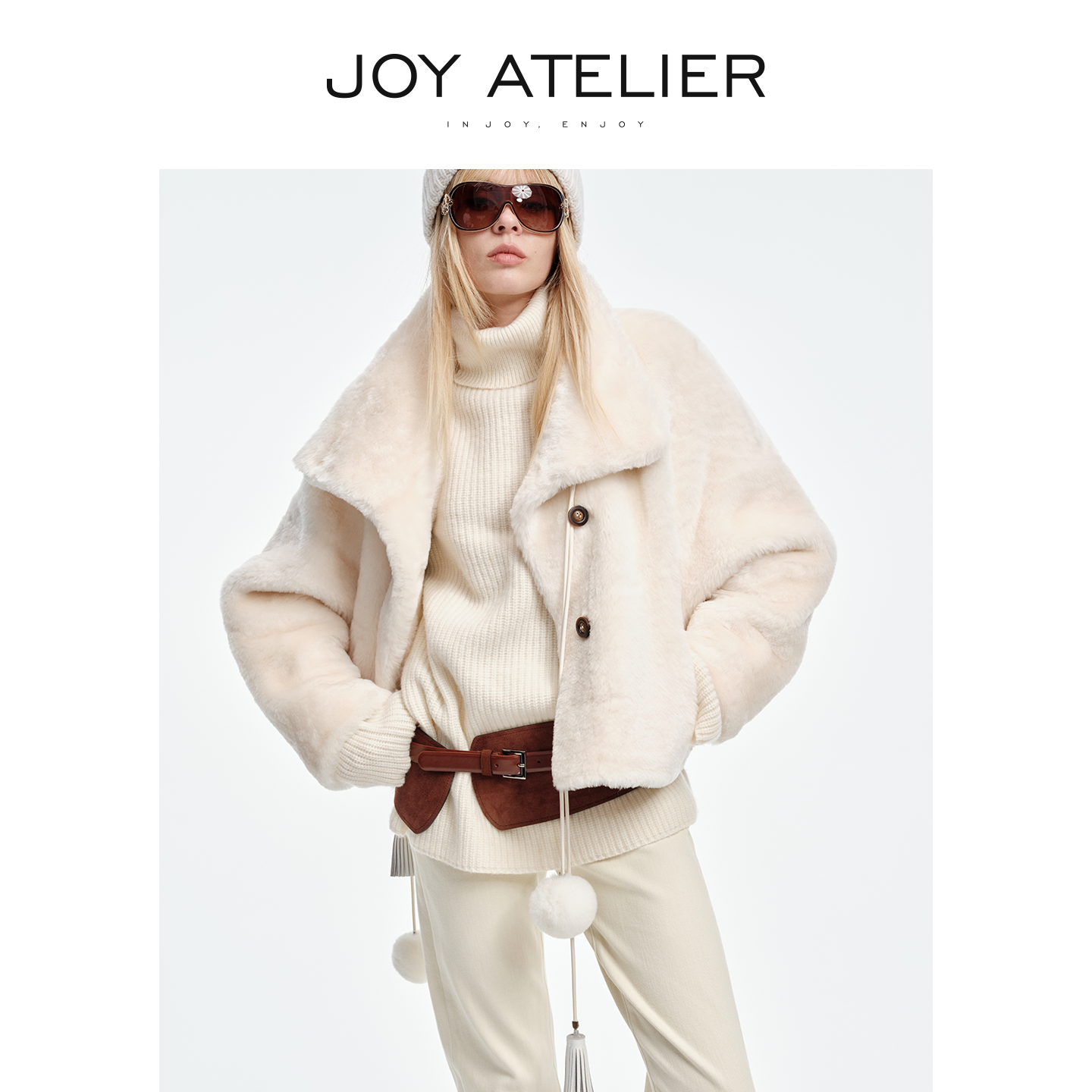 立翻领落肩宽松双色羊皮毛外套