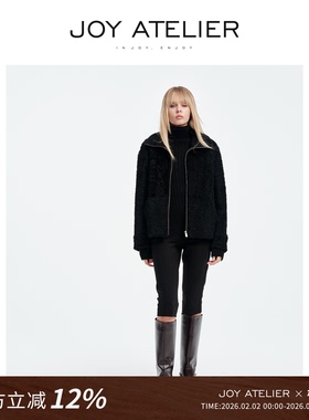 JOY6S35  纽约客 西班牙小拉贡拉链运动风立领黑色羊皮毛一体外套