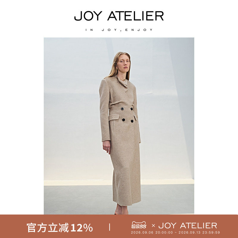 JOY ATELIER真丝羊毛大衣H型收腰结构型裙装版通勤长款毛呢外套女