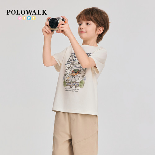 POLOWALK童装男童短袖T恤2026夏季新品小熊印花圆领T恤
