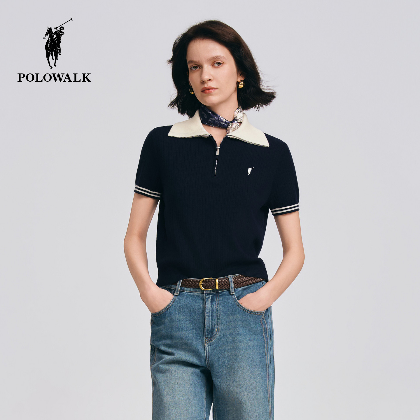POLOWALK女式短袖针织衫2026春季新品撞色翻领半拉链休闲套头上衣