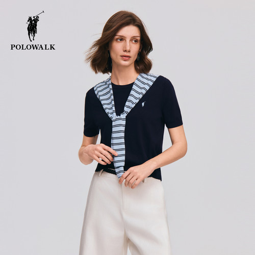 POLOWALK女式短袖针织衫2026夏季新品自带披肩慵懒显瘦圆领短袖