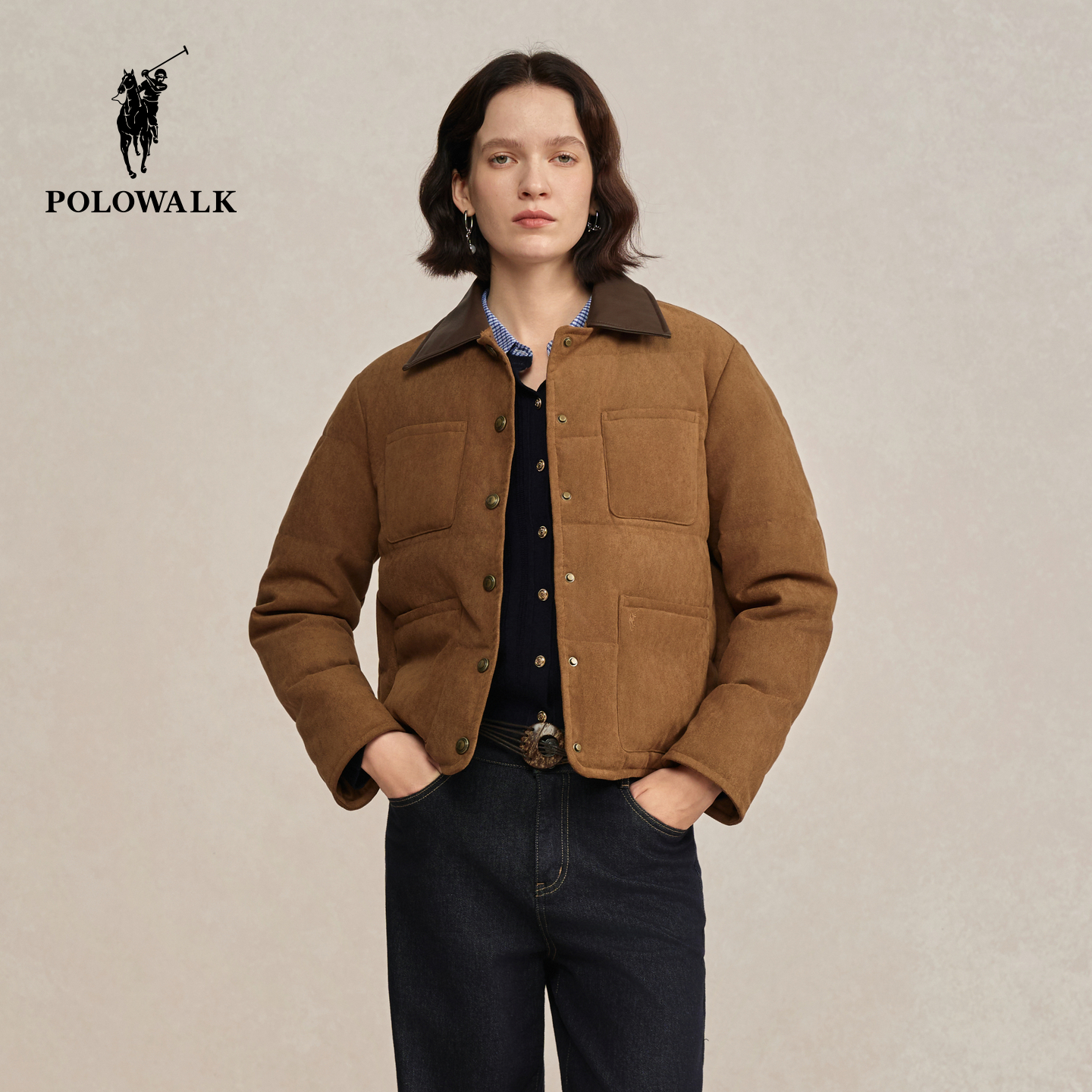 POLOWALK女式羽绒服2025冬季新品翻领复古休闲90鸭绒保暖羽绒外套