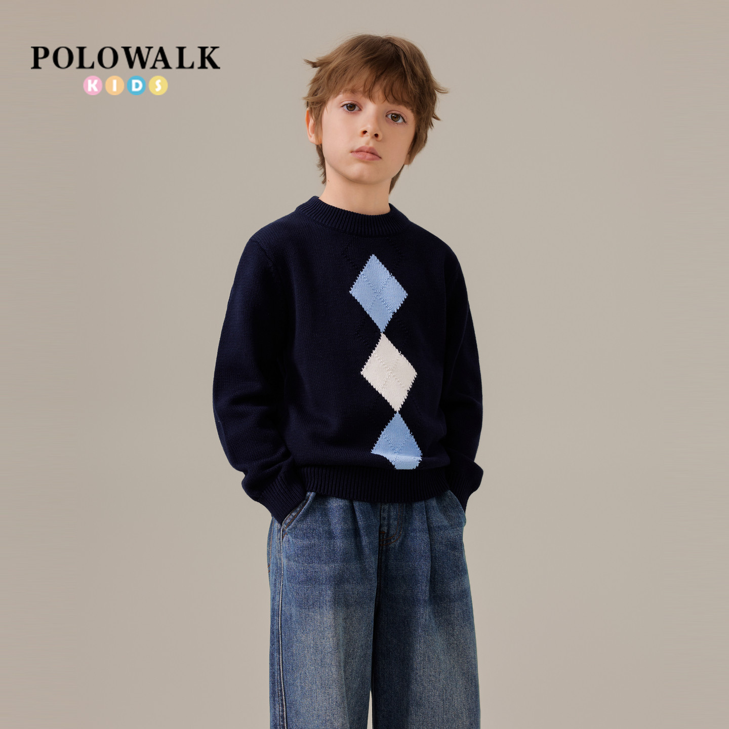 POLOWALK童装毛衣男秋冬季新款儿童半高领毛衫圆领百搭打底衫男童