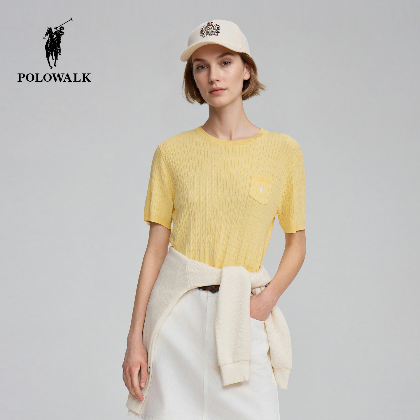 POLOWALK女式短袖针织衫春夏新品修身短款T恤百搭时尚上衣
