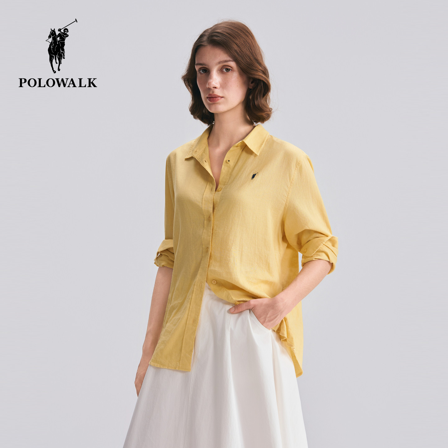 POLOWALK女式亚麻长袖衬衫春夏款简约百搭休闲轻薄衬衣百搭上衣