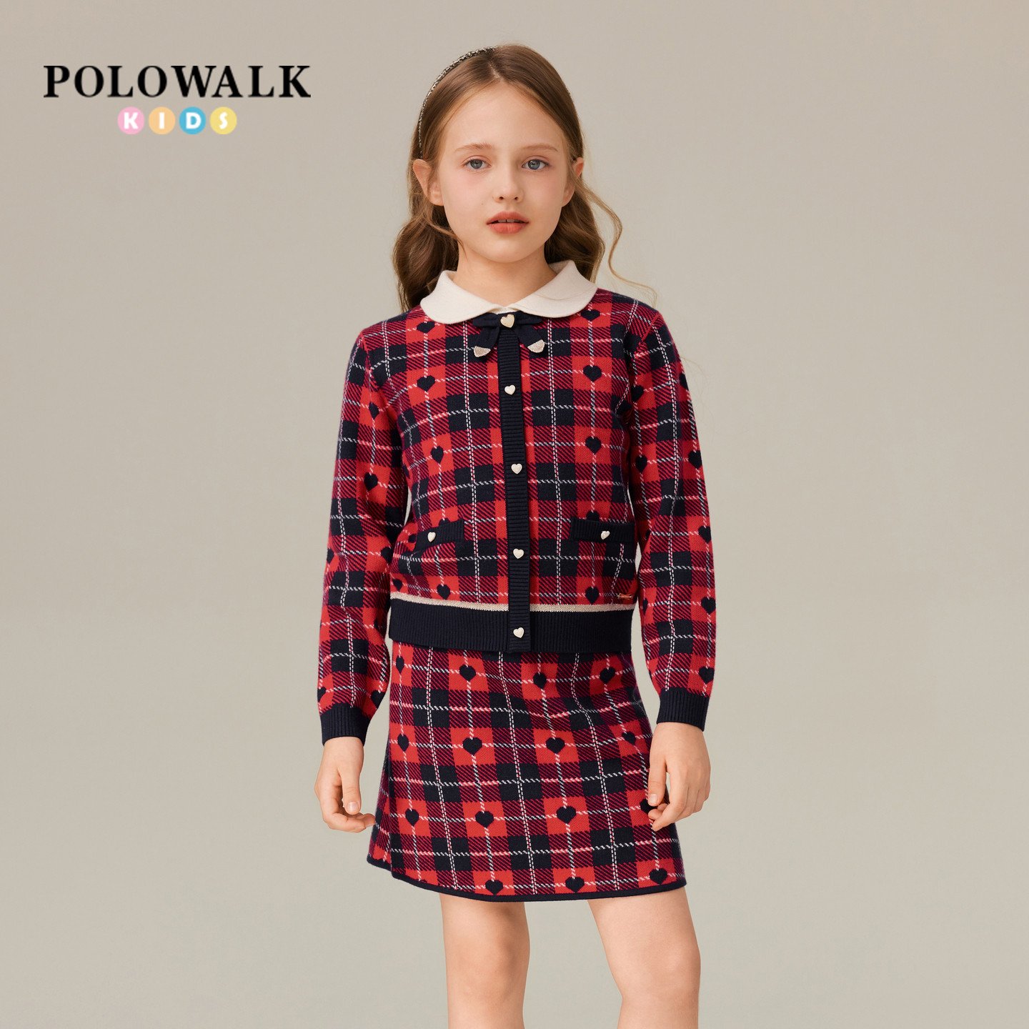 POLOWALK童装女童长袖套装2026新品新年红色复古格纹女童长袖套装