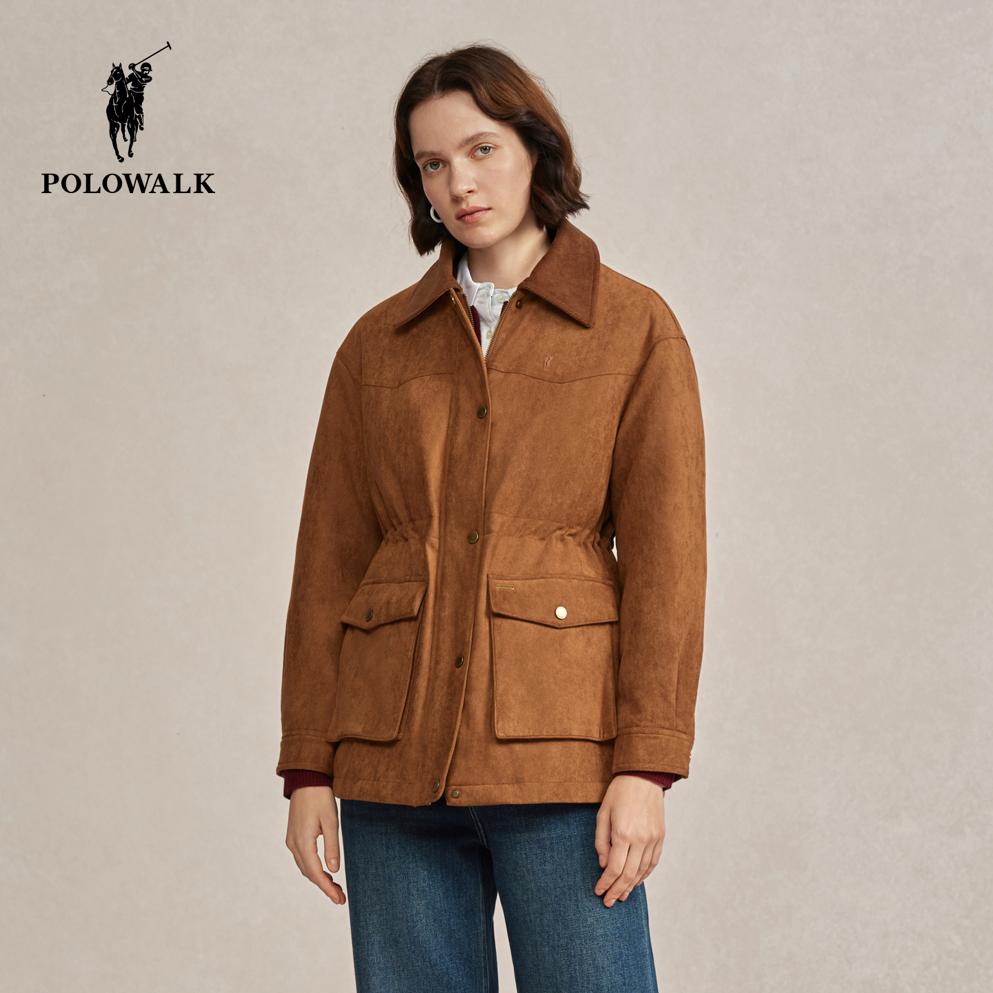 POLOWALK女式羽绒服2025冬季新品复古工装风翻领收腰显瘦羽绒外套