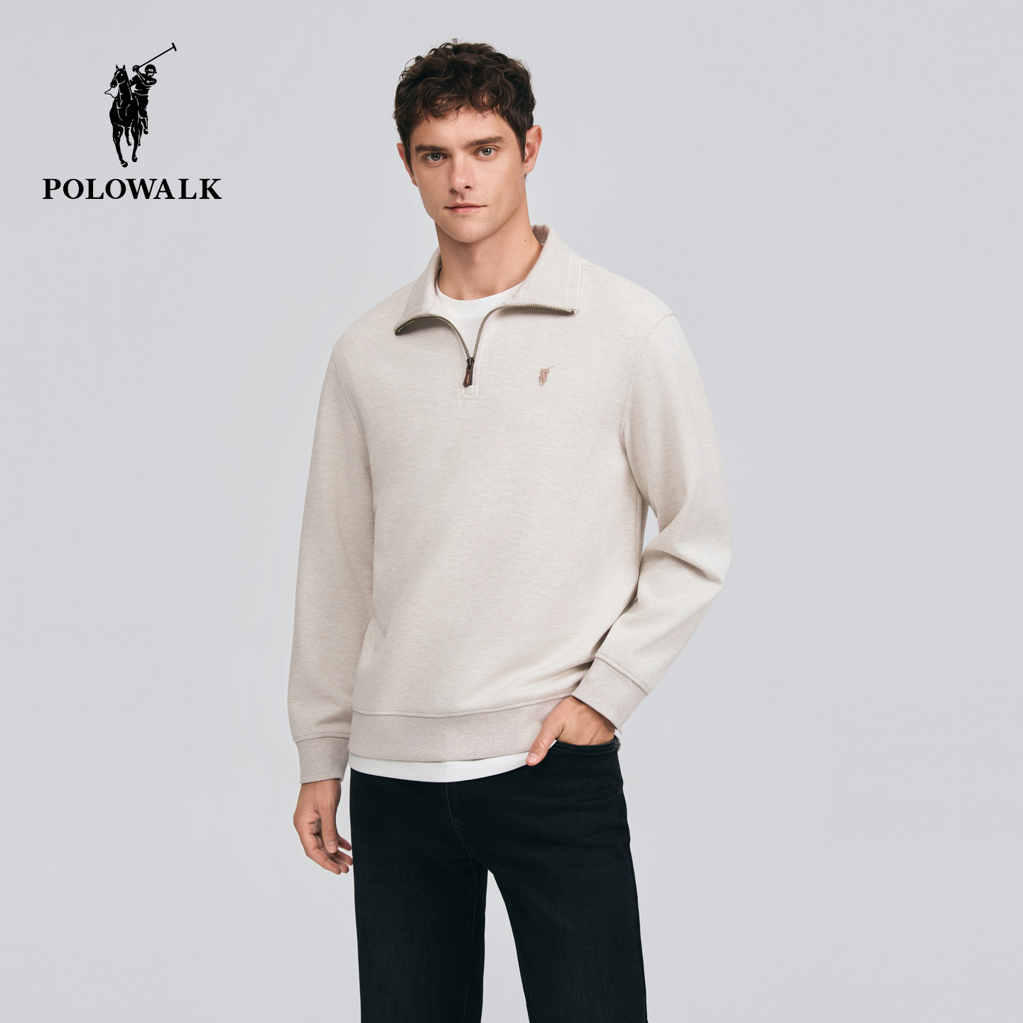 POLOWALK男式卫衣2026春季新品简约纯色休闲半拉链翻领套头卫衣男