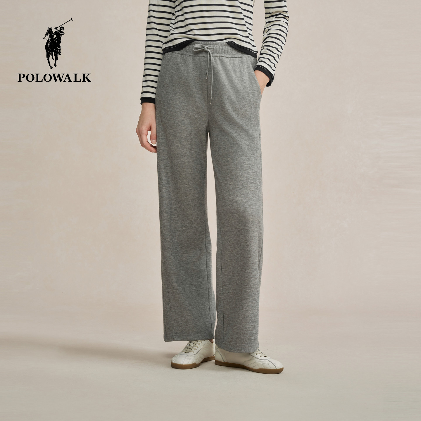 POLOWALK女式针织裤2025秋冬裤新品休闲松紧腰直筒加绒阔腿长裤子