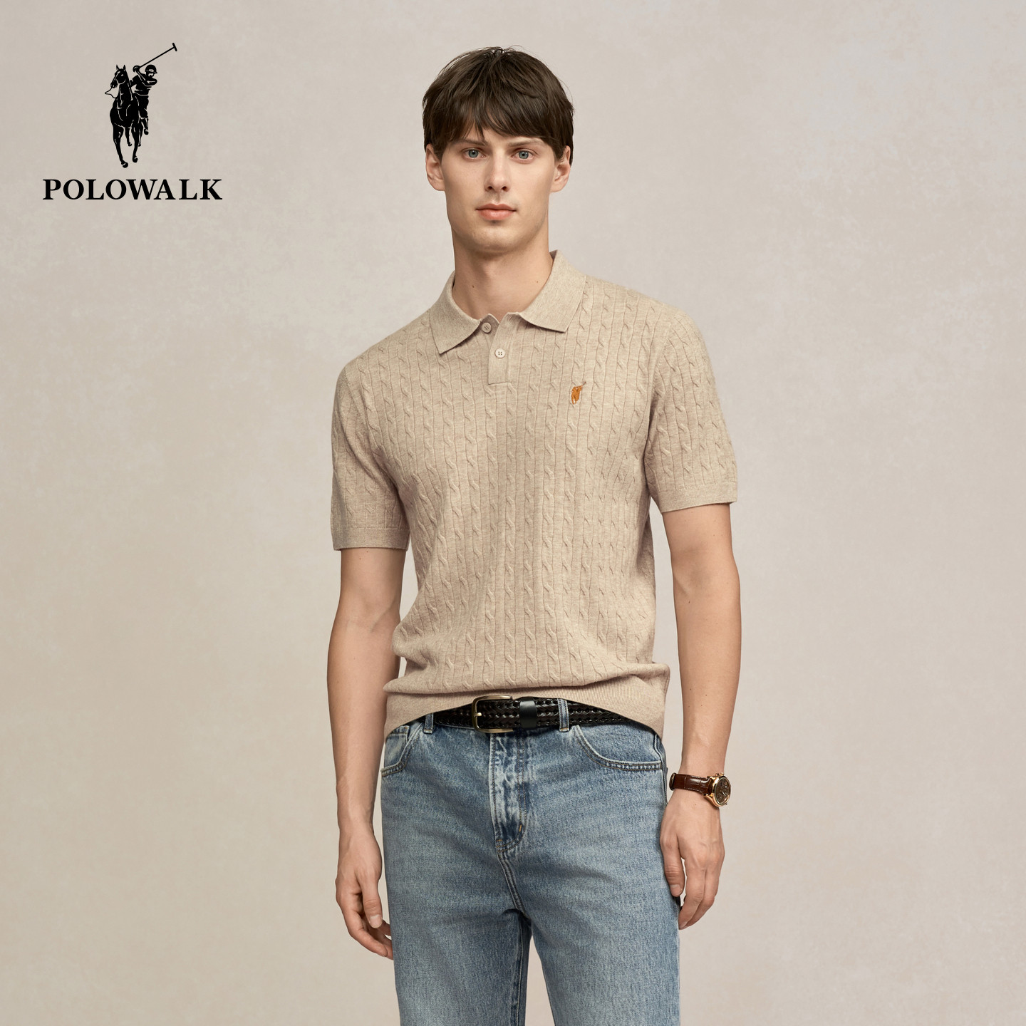 POLOWALK男式短袖针织衫2026春季新品绞花翻领显瘦套头上衣百搭男