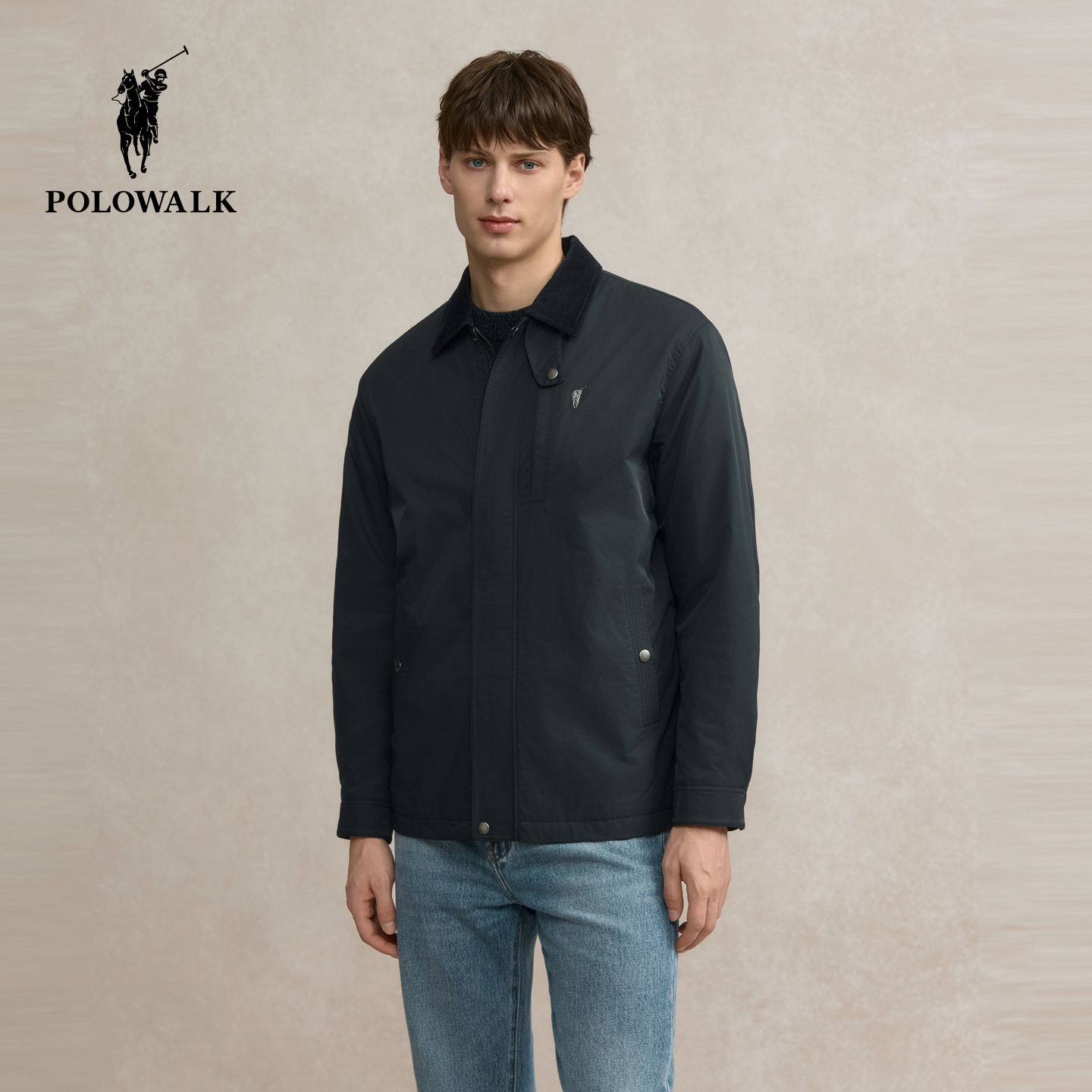 POLOWALK男式夹克2025冬季新品简约休闲通勤挺括翻领夹棉外套男