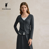 套装 POLOWALK女式 长袖 T恤2025秋季 简约V领假两件打底休闲上衣