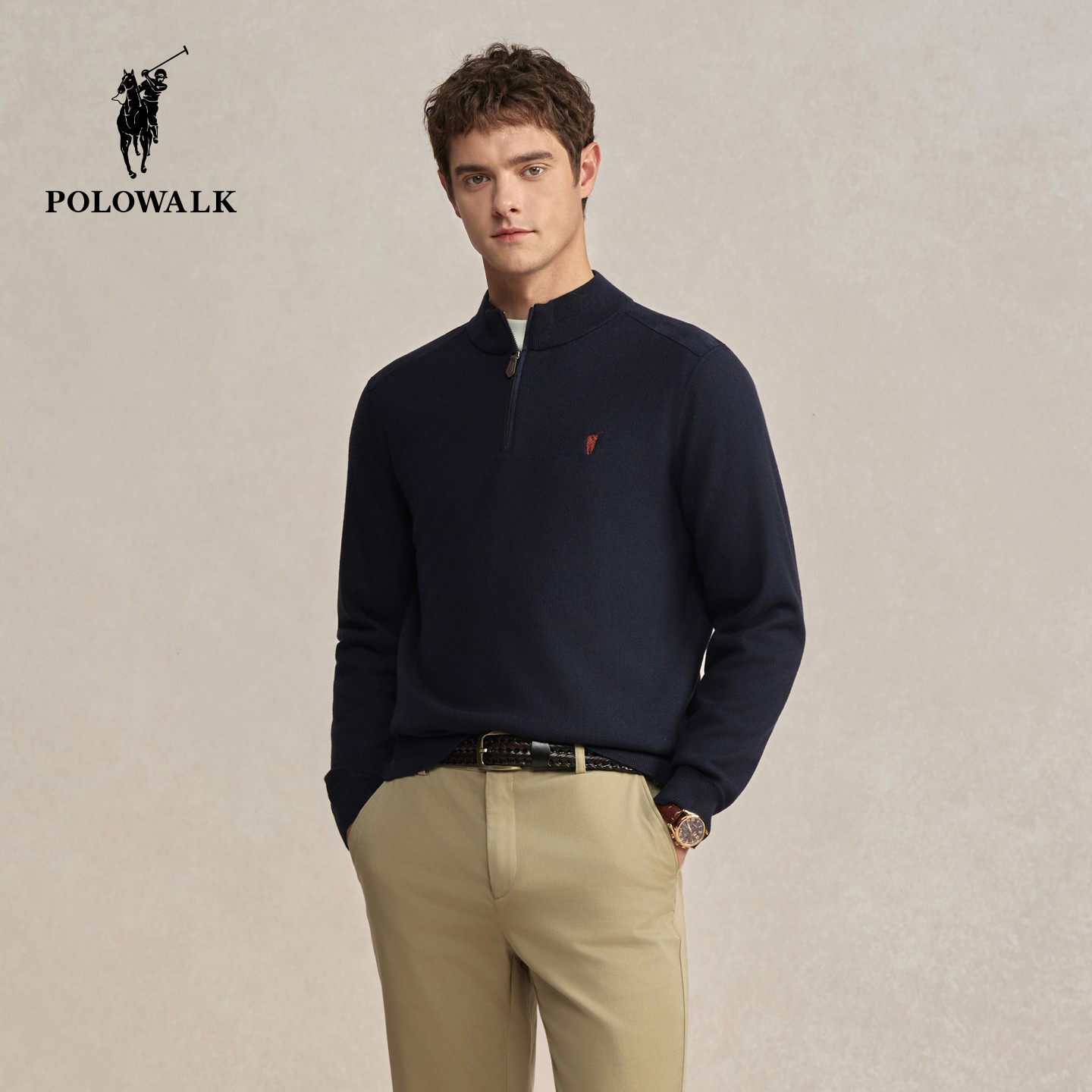 POLOWALK男式针织衫2025冬季新品简约通勤加绒半拉链套头针织衫