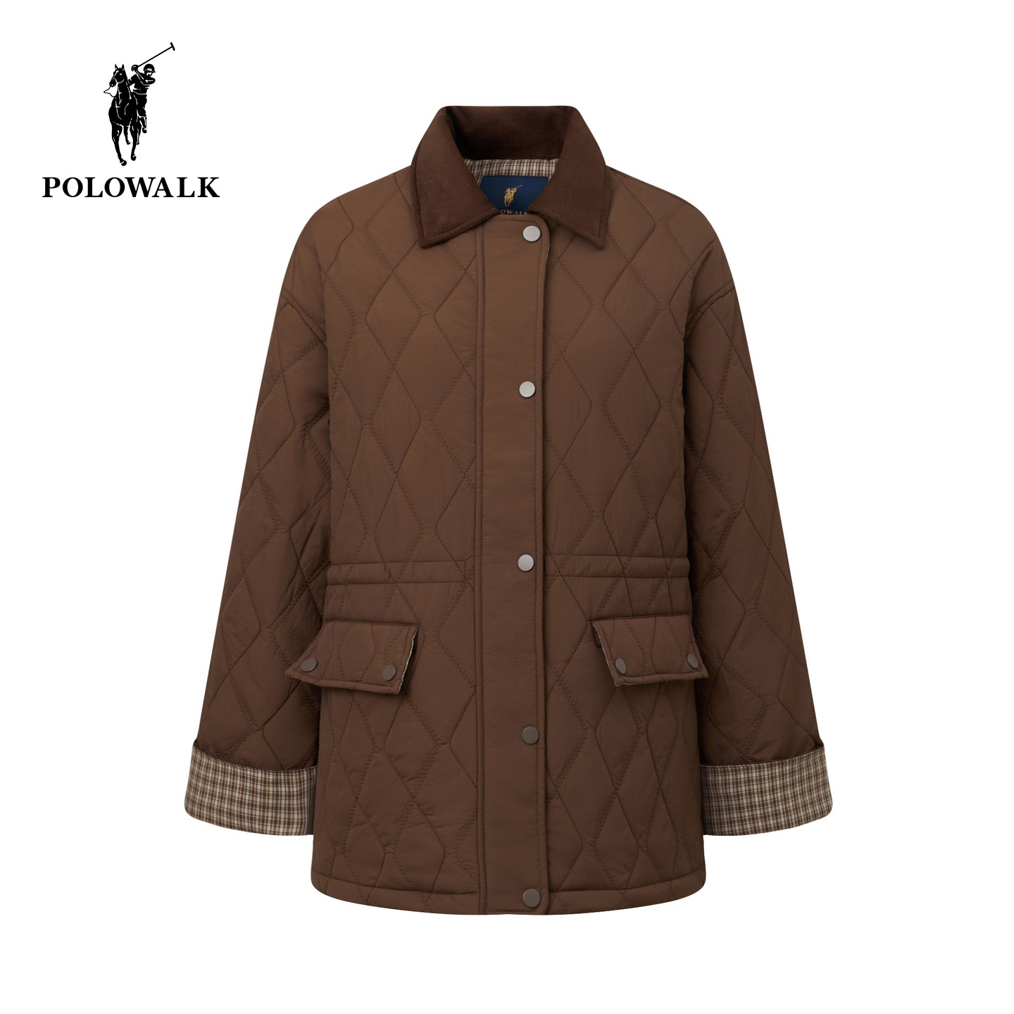 POLOWALK女式棉服外套2025冬季新品翻领复古收腰显瘦时尚菱格外套