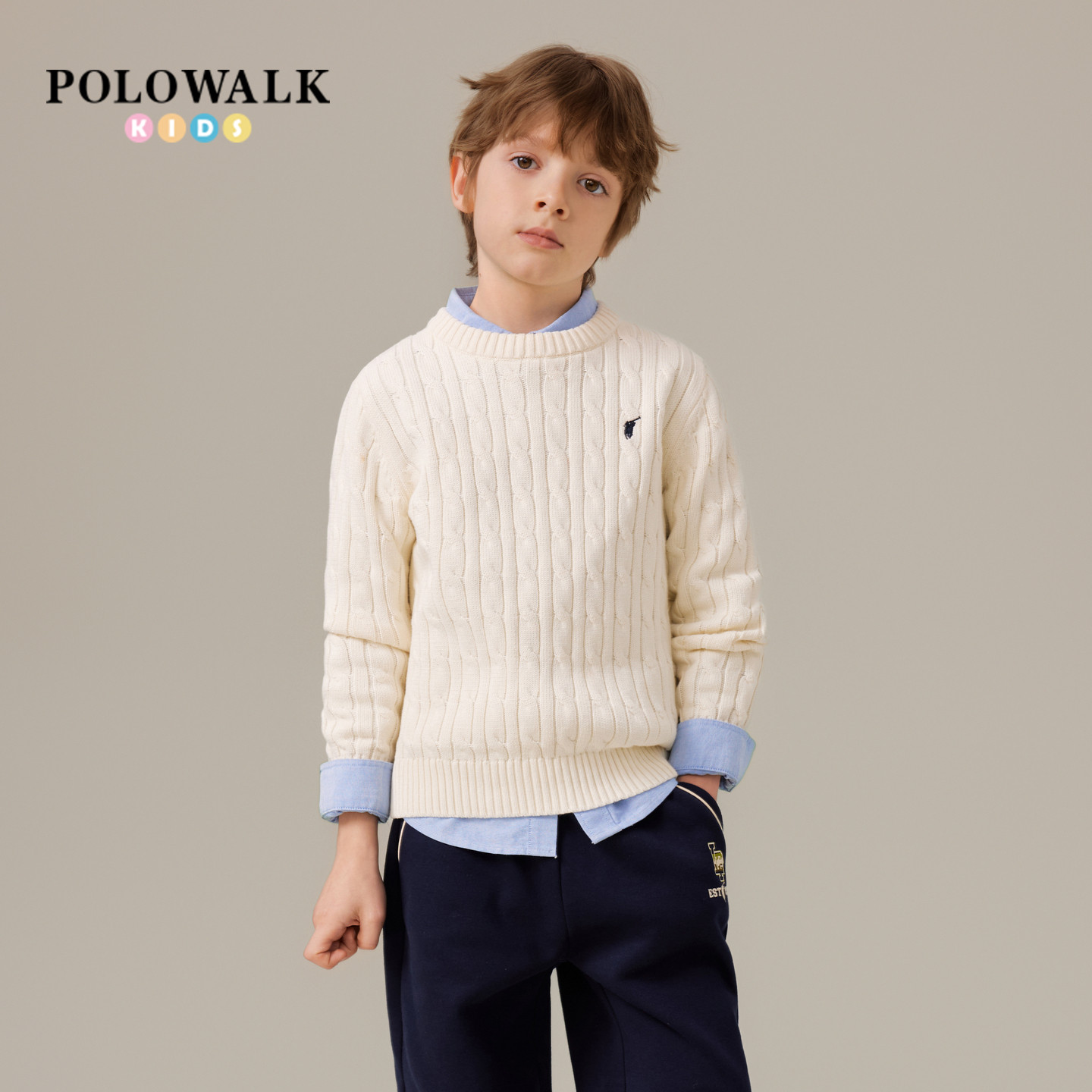 POLOWALK童装经典款绞花式针织衫春季新款中大童纯色男童女童毛衣