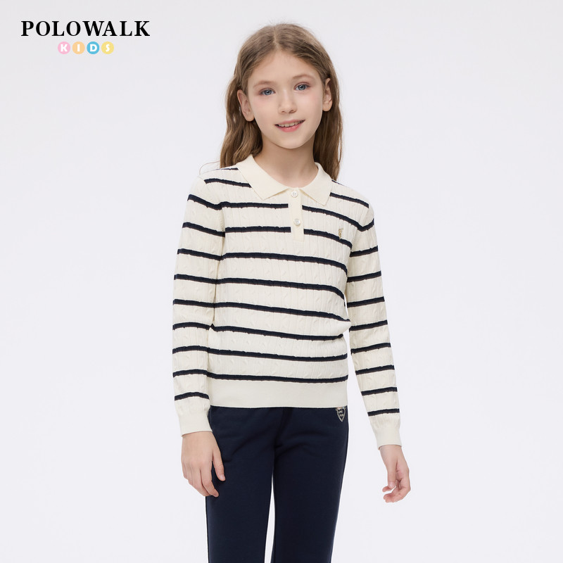 POLOWALK童装女童针织衫春季条纹翻领线衫polo领毛衣中大童上衣