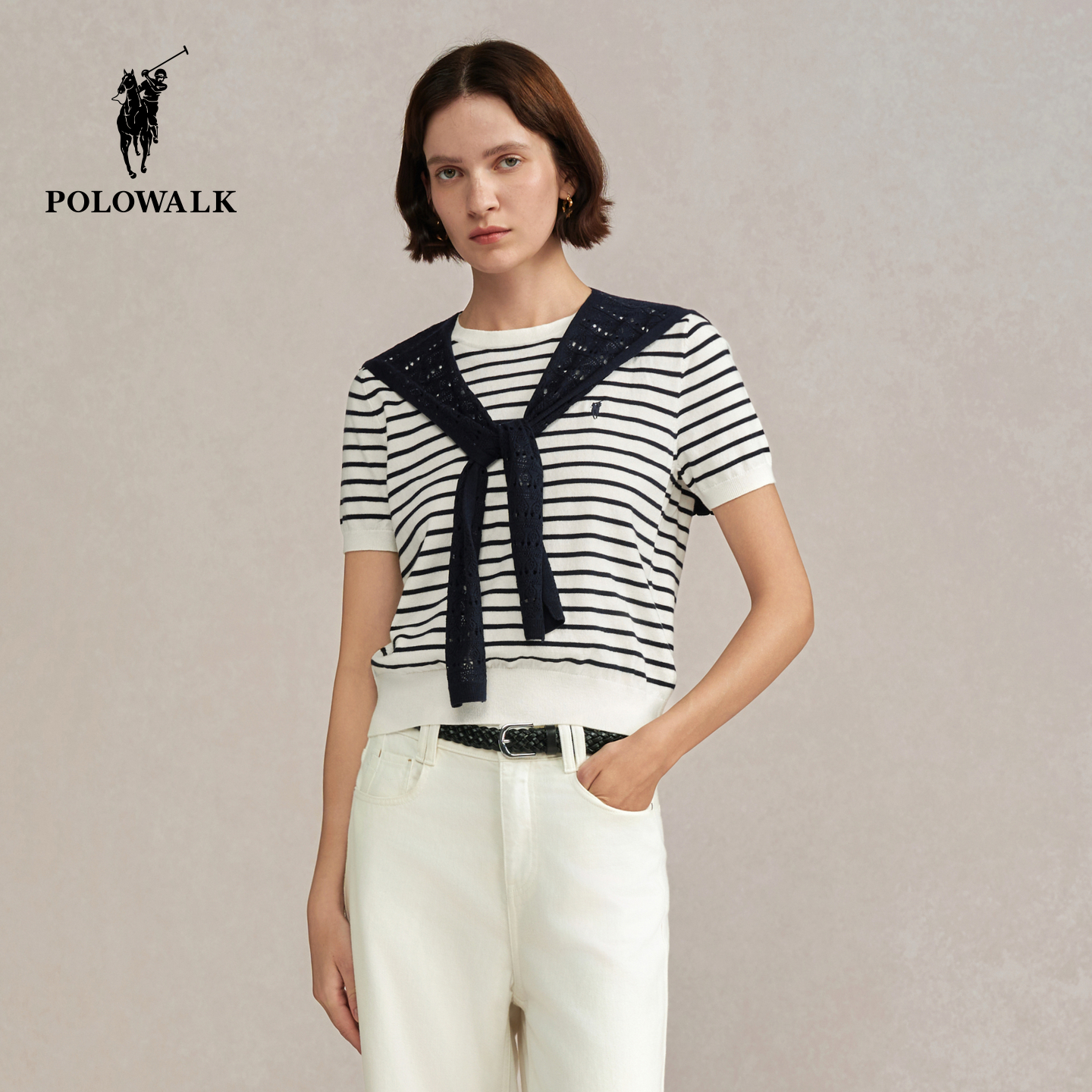 【含绵羊毛】POLOWALK女式短袖针织衫2025秋季新品条纹显瘦针织衫