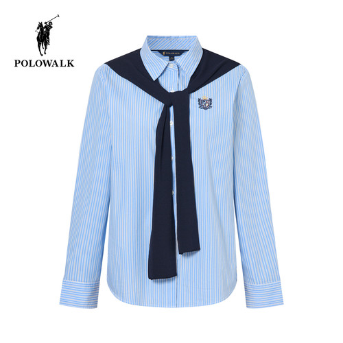 POLOWALK女式长袖衬衫2026春季新品披肩设计显瘦条纹长袖衬衣女