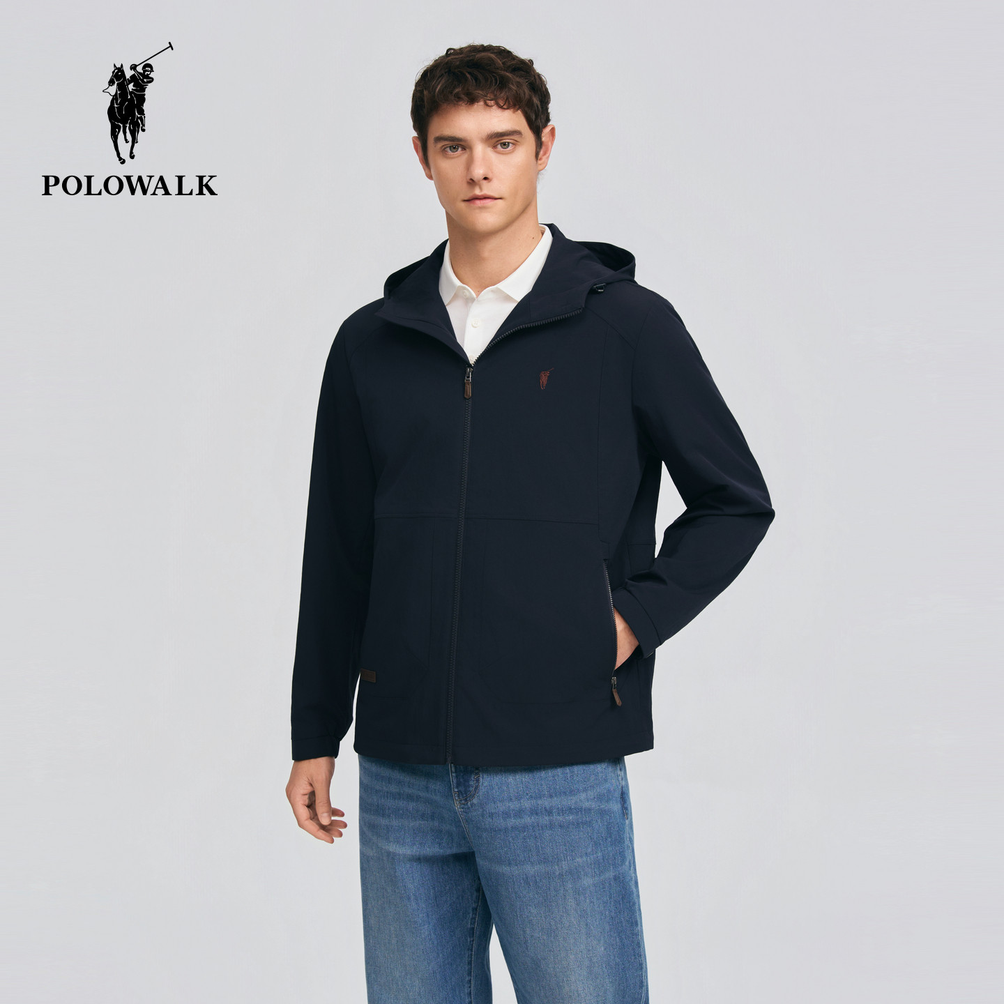 POLOWALK男式夹克2026春季新品简约休闲连帽立领短款夹克拉链外套