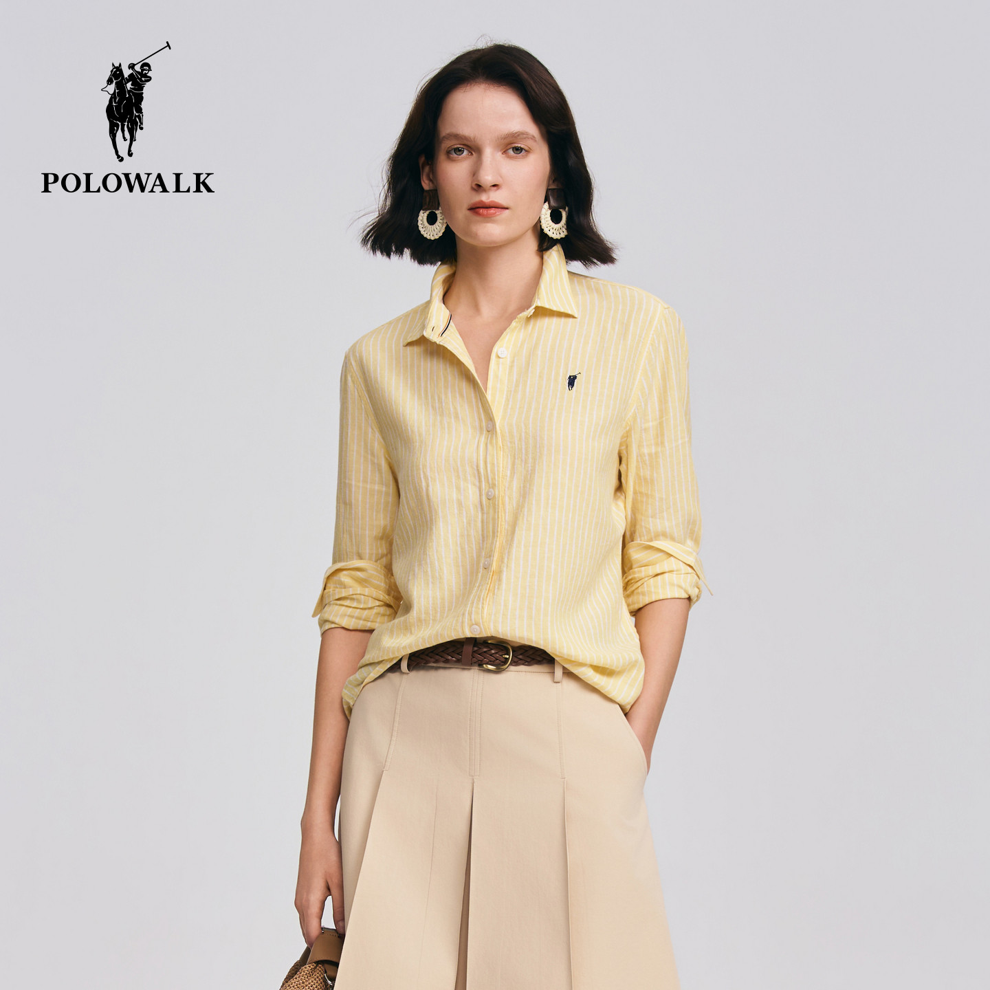 POLOWALK女式衬衫2026春季新品亚麻混纺条纹翻领休闲通勤长袖衬衫