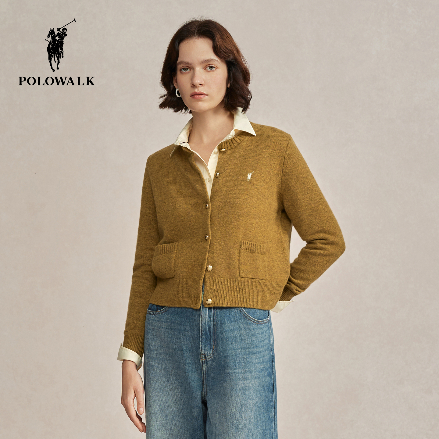 【100%绵羊毛】POLOWALK女式羊毛衫2025冬季新品百搭圆领针织开衫