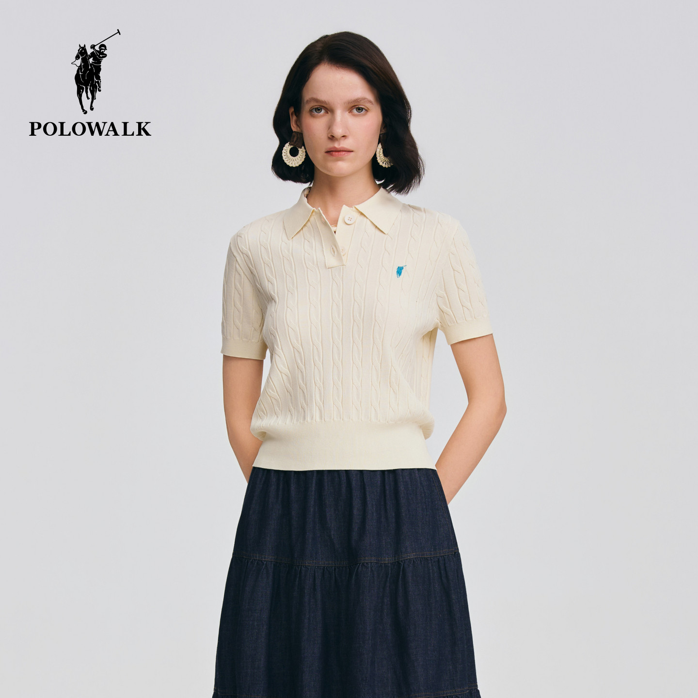 POLOWALK短袖针织衫女2026春季新款翻领绞花针织t恤韩版女式上衣