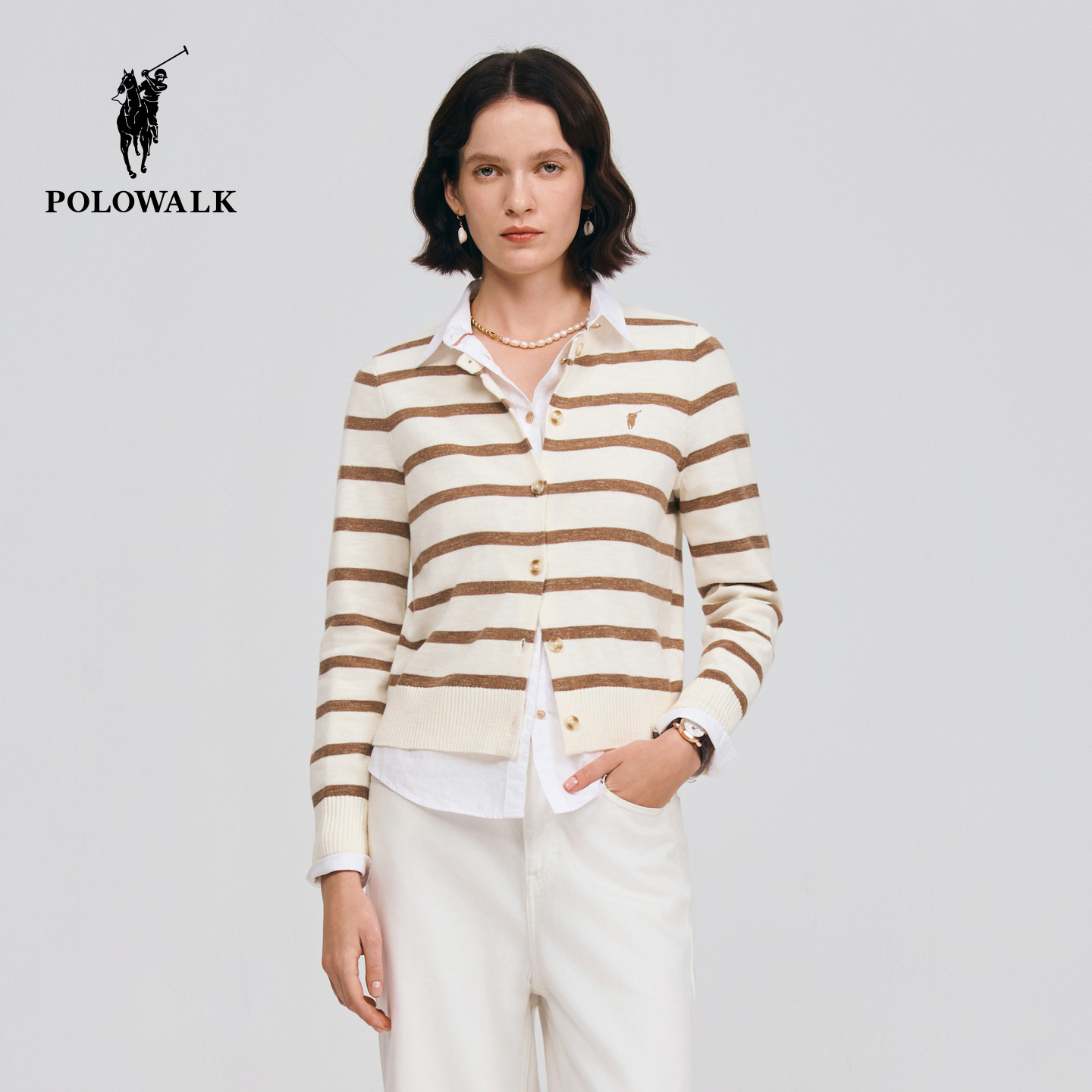POLOWALK女式长袖针织衫2026春季新品条纹显瘦休闲通勤针织开衫,女装/女士精品,毛针织衫,淘宝优惠券,粉丝福利购,淘宝优惠卷