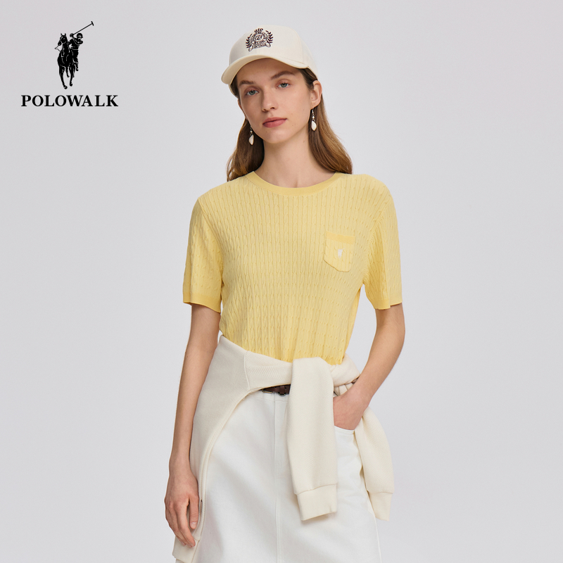 POLOWALK女式短袖针织衫2025夏季新品修身短款T恤百搭时