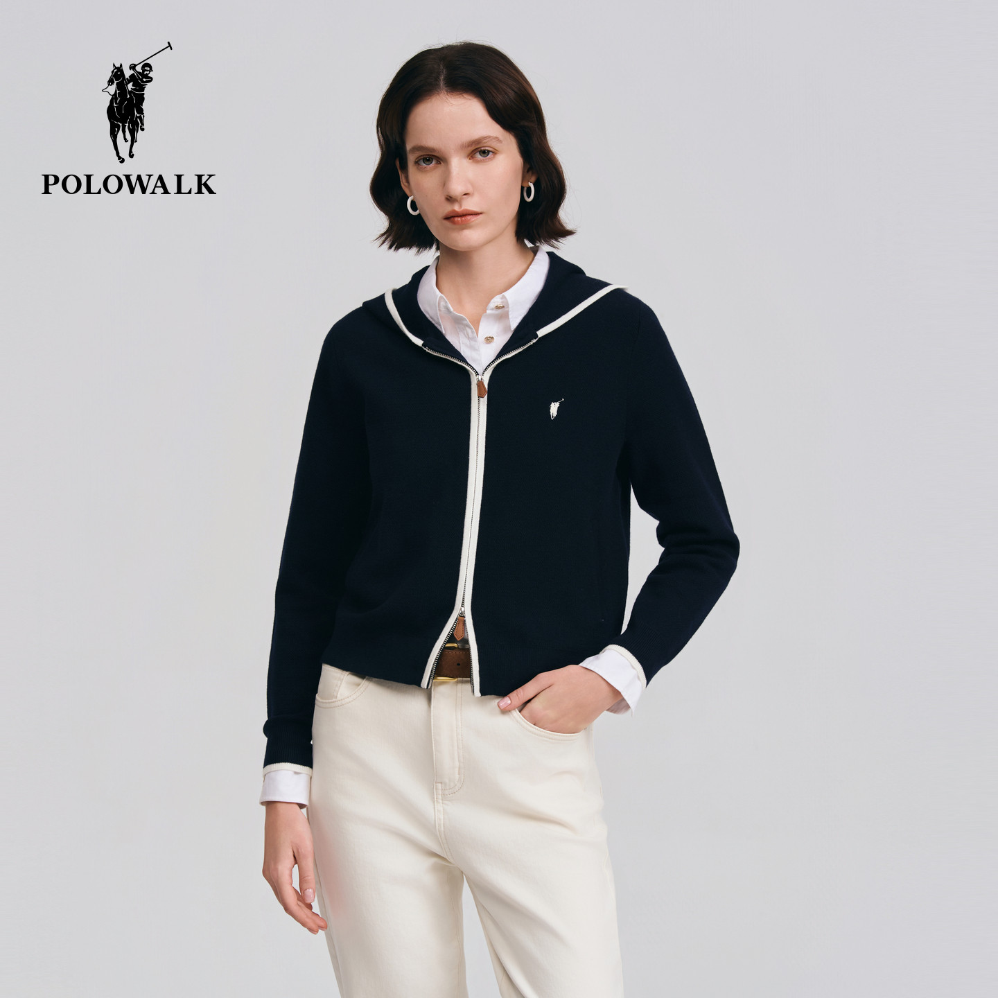 【含绵羊毛】POLOWALK女式长袖针织衫2026春季新品连帽针织外套