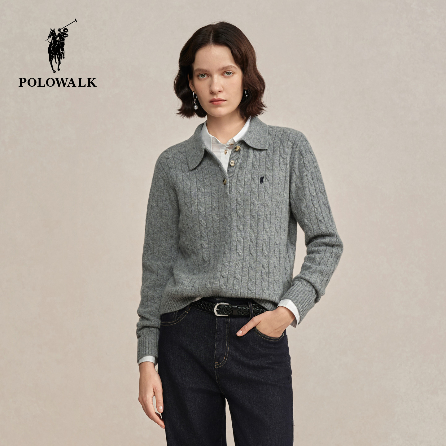 【100%绵羊毛】POLOWALK女装2025冬季新品女式羊毛衫翻领绞花针织