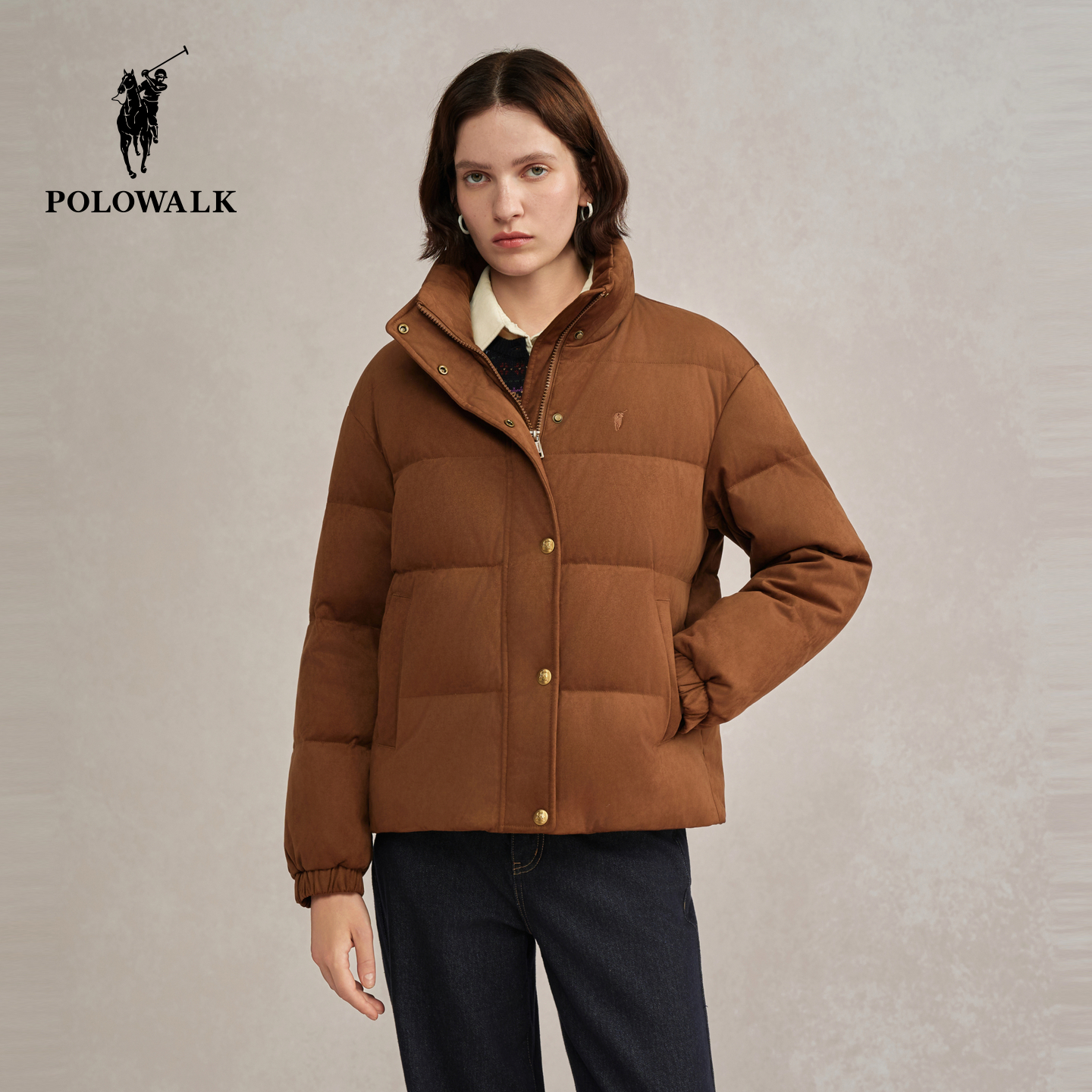 POLOWALK女式羽绒服2025冬季新品90鸭绒复古麂皮立领通勤羽绒外套