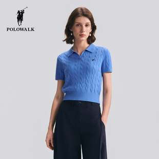POLOWALK女式短袖针织衫2026早秋新品时尚绞花显瘦套头翻领针织衫
