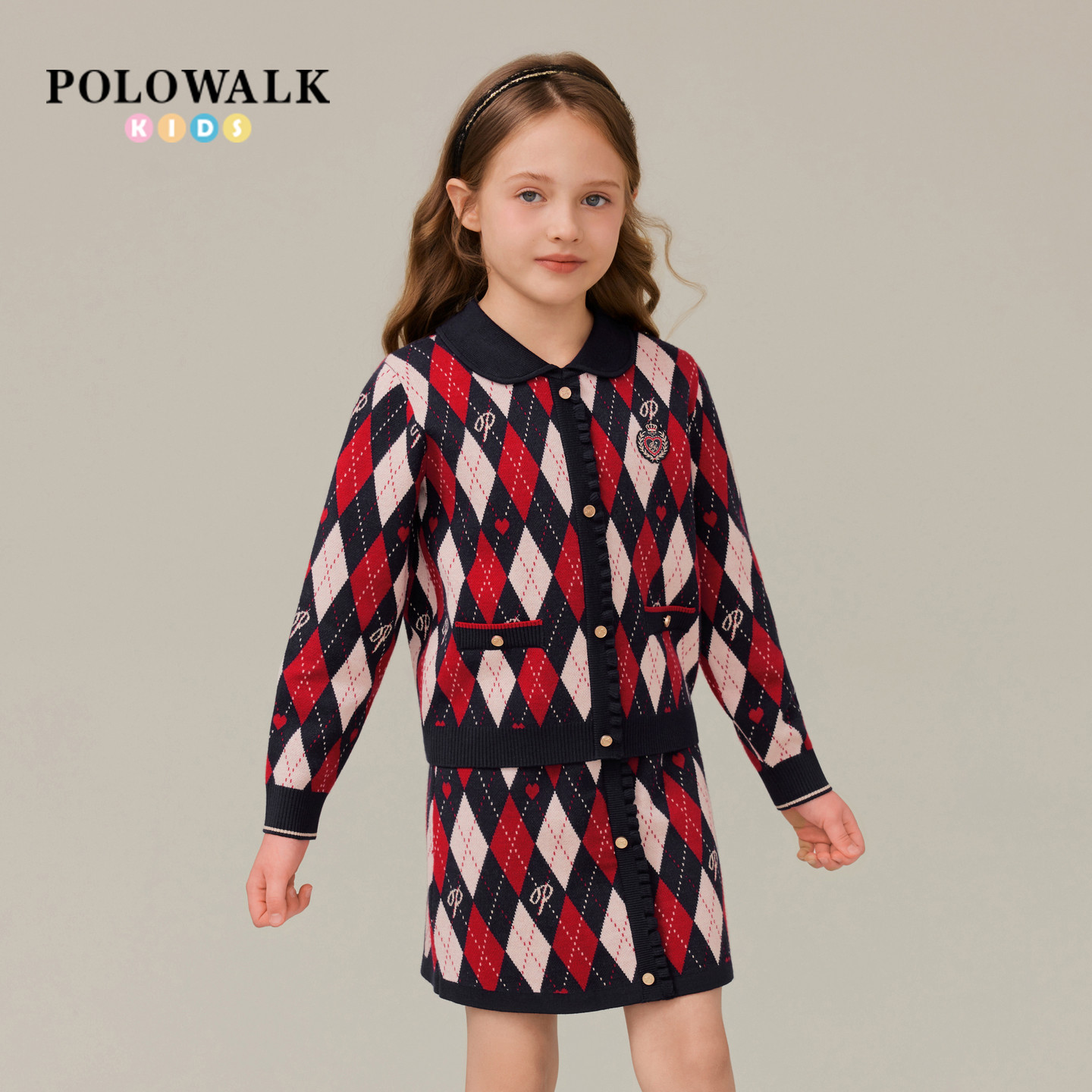 POLOWALK童装女童长袖套装2026秋季新品复古菱格学院风裙子套装