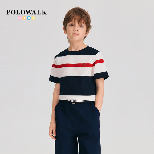 【100%棉】POLOWALK童装男童短袖2026夏季新品时尚撞色条纹T恤