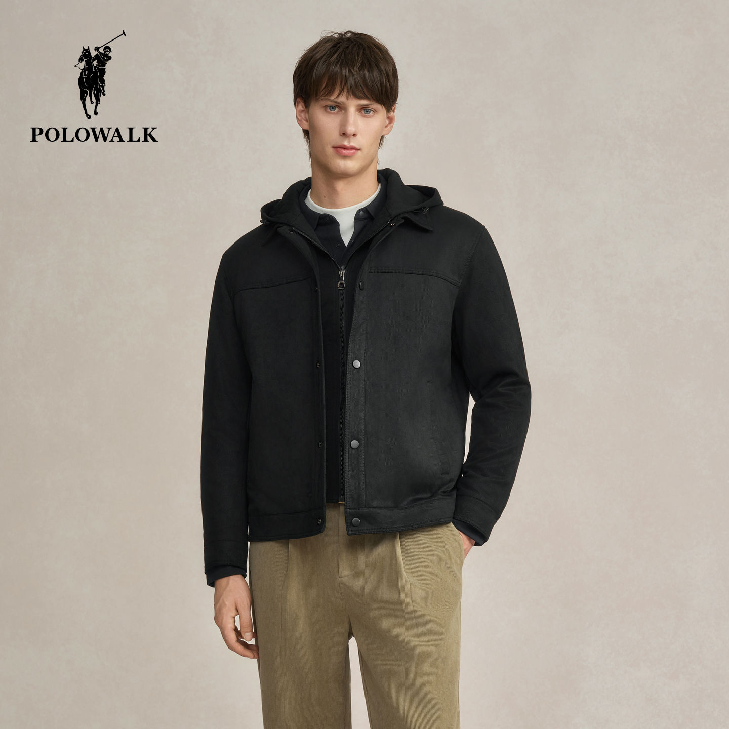 POLOWALK男式皮衣2025秋季新品挺括有型假两件男装连帽麂皮外套