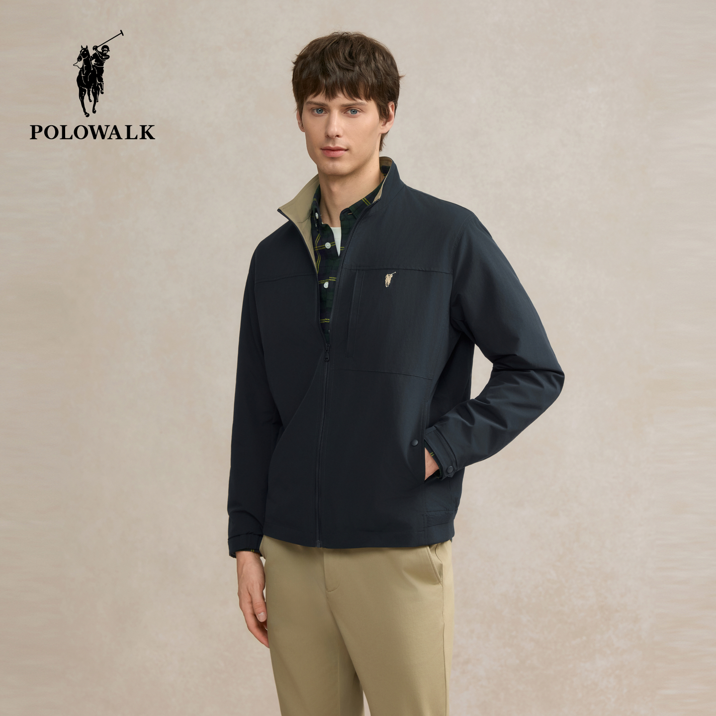 POLOWALK男式夹克25秋季新品商务休闲立领通勤时尚拉链直筒外套男