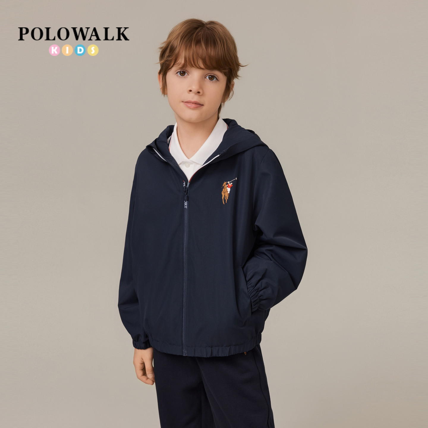 POLOWALK童装男童外套2025秋季新品美式风连帽拉链休闲外套大童