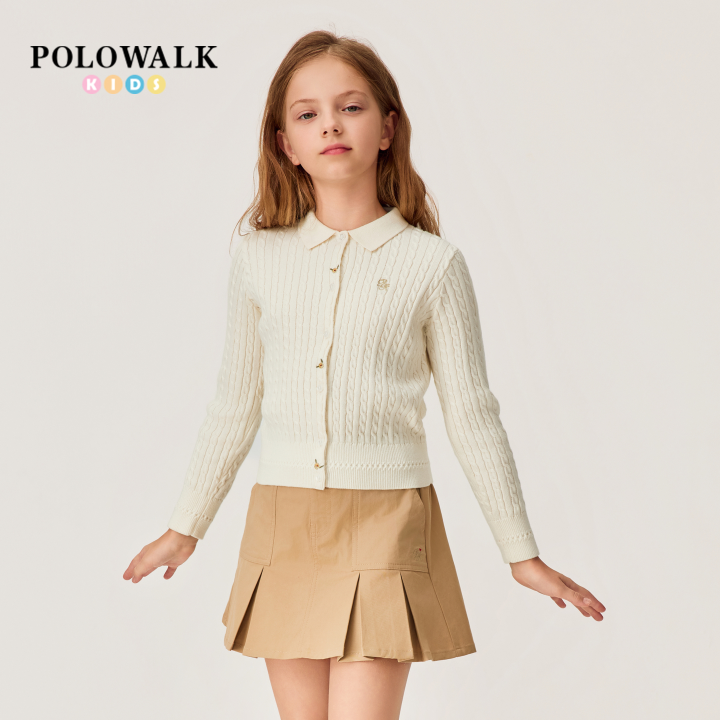 【100%棉】POLOWALK童装女童针织衫2025新品时尚绞花翻领针织开衫