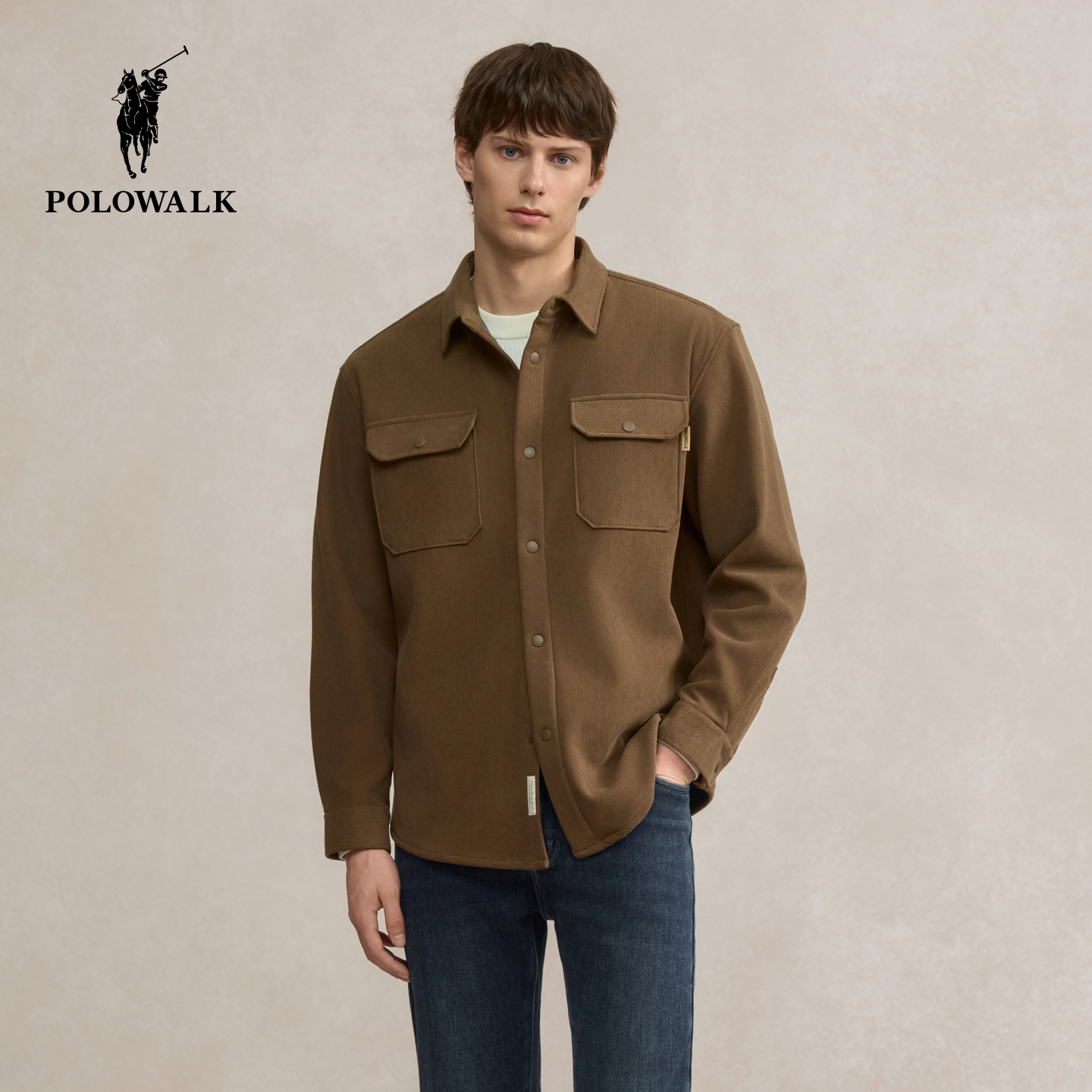 POLOWALK男式外套2025秋季新品时尚工装休闲风翻领加绒男装外套