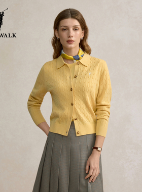 POLOWALK女式长袖针织衫2025秋季新品绞花翻领开衫上衣收腰外套女