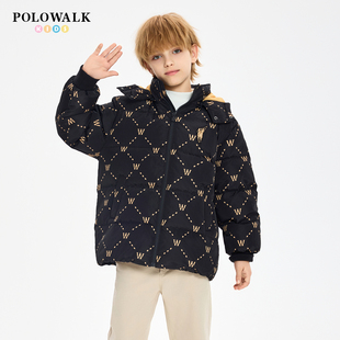 POLOWALK童装秋冬新品可脱帽中长款男童羽绒服保暖印花外套