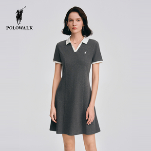 POLOWALK女式短袖连衣裙2026春季新品撞色polo领收腰针织连衣裙