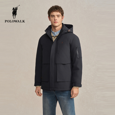 POLOWALK男式羽绒服2025冬季新品鹅绒立领连帽简约休闲羽绒服外套