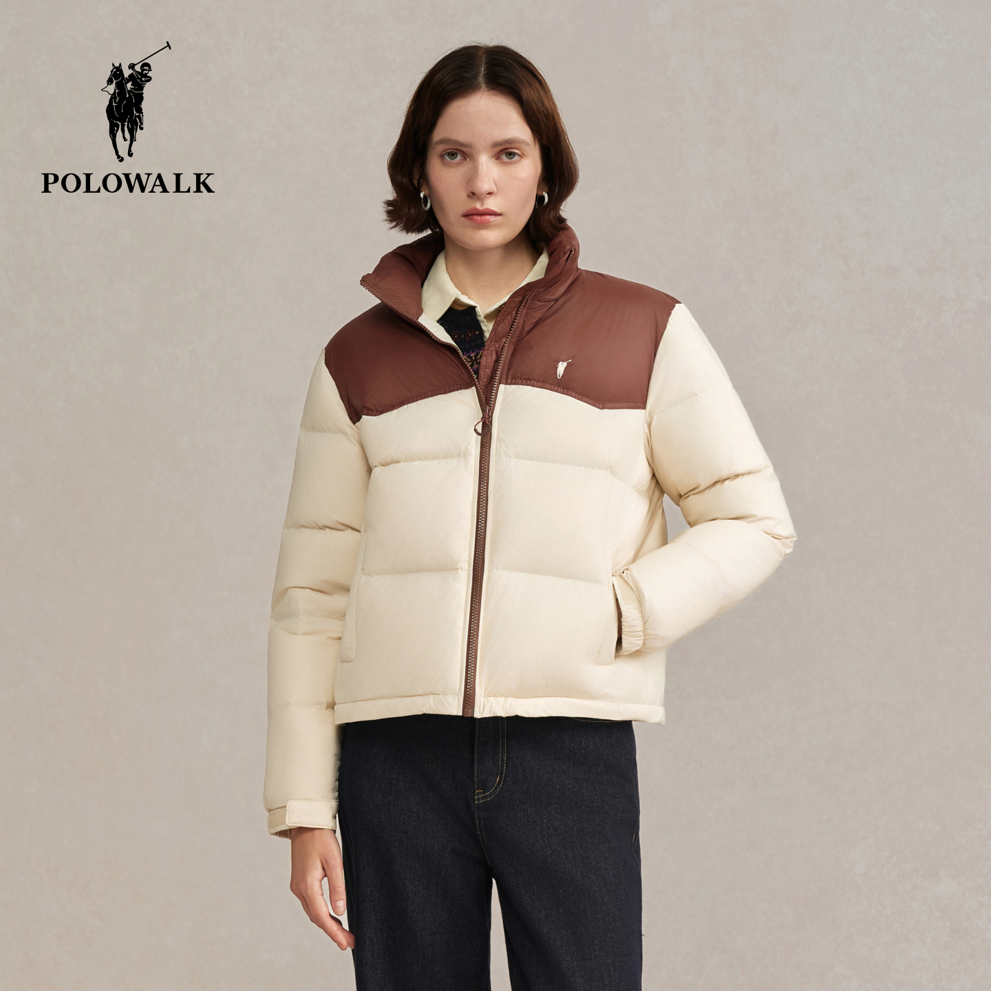 POLOWALK女式厚款羽绒服2025冬季新品90鸭绒撞色短款保暖羽绒外套