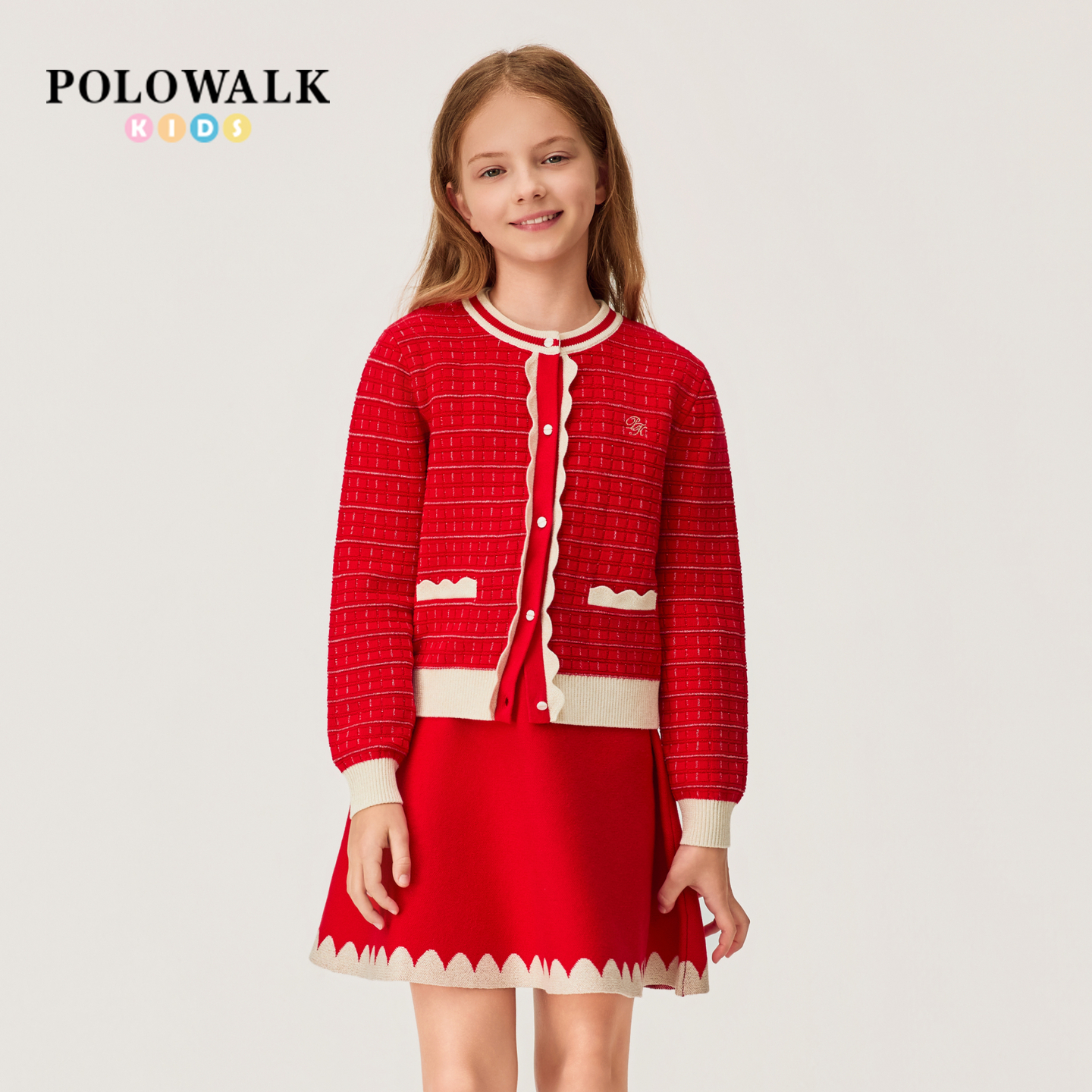 【新年款】POLOWALK女童红色长袖套装2026新品时尚针织裙长袖套装