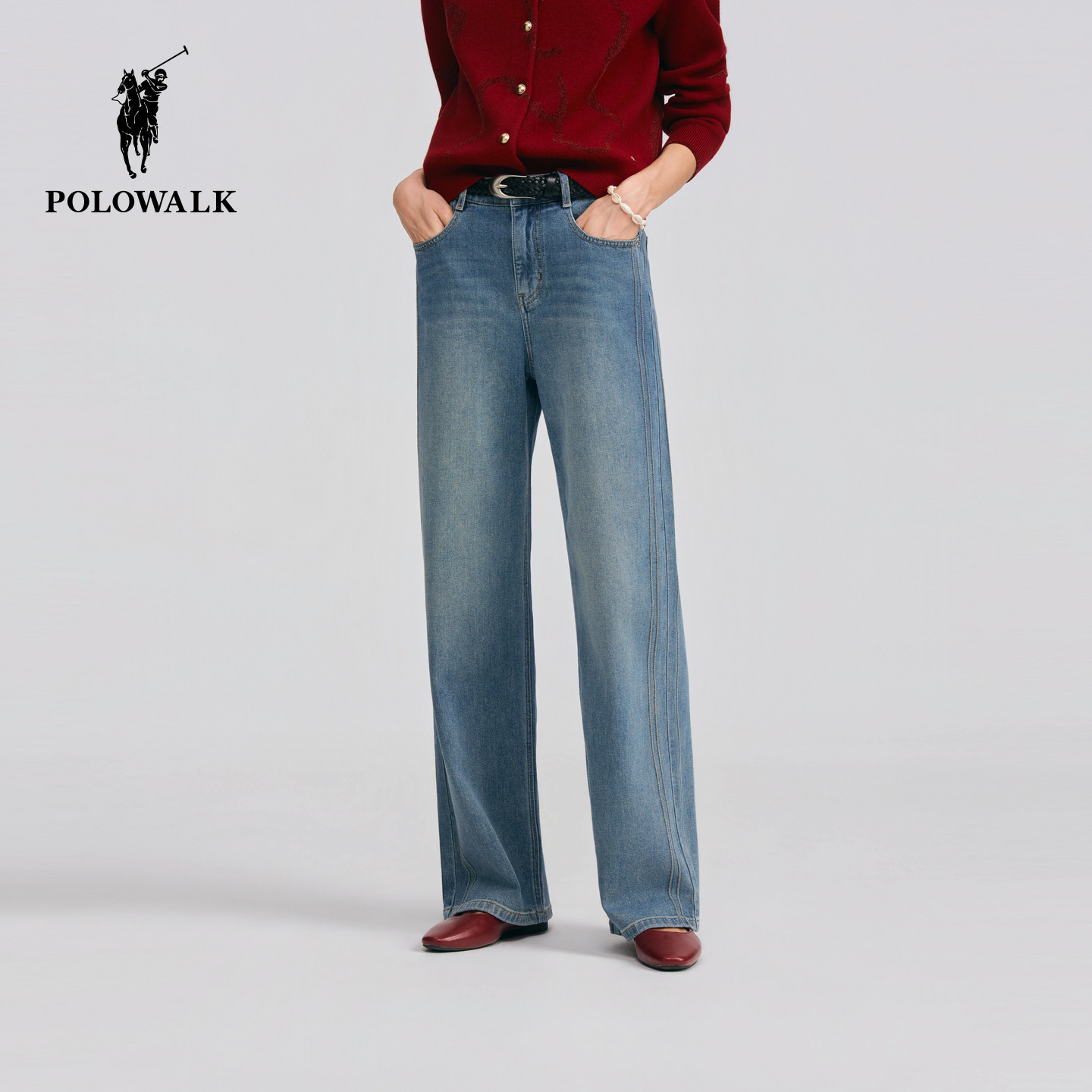 POLOWALK女式牛仔裤2026春夏裤新品女装阔腿直筒时尚百搭牛仔长裤
