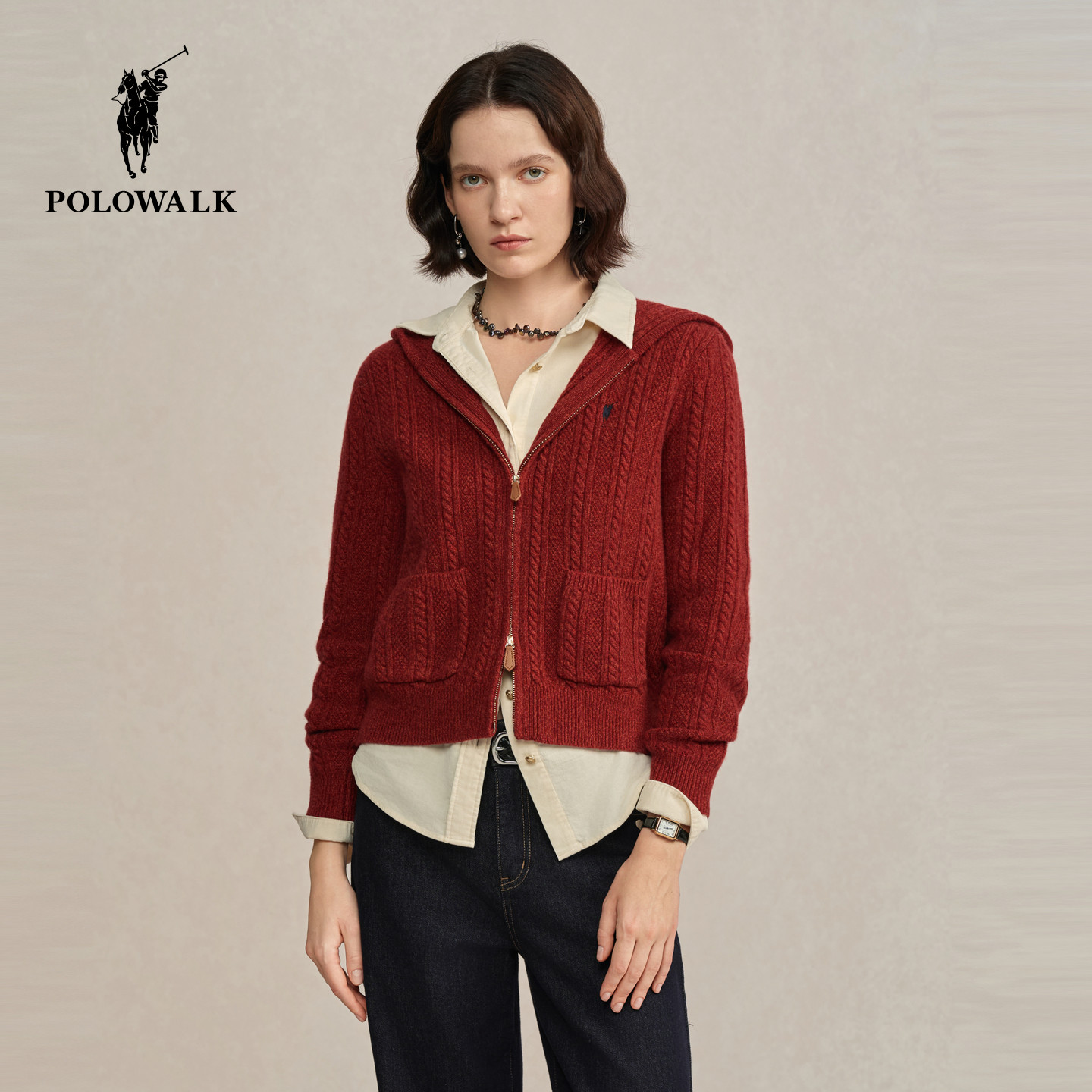 【100%绵羊毛】POLOWALK女式羊毛衫2026冬季新品连帽针织绞花开衫